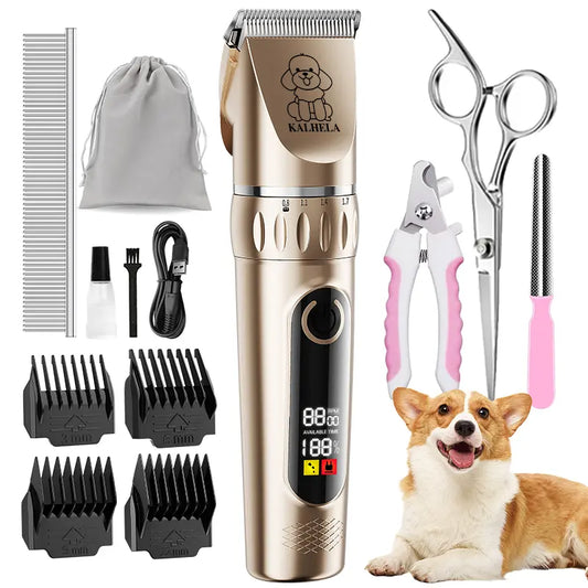 KALHELA Rechargeable Cordless Dog & Cat Grooming Clippers Kit - Low-Noise 2-Speed Electric Groomer Tools with LED Display, Trimmer, Shaver, ABS Body, Easy Clean, Removable Batteries (Yes to Rechargeability)