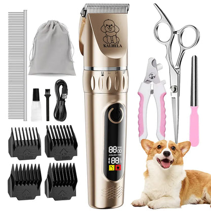 KALHELA Rechargeable Cordless Dog & Cat Grooming Clippers Kit - Low-Noise 2-Speed Electric Groomer Tools with LED Display, Trimmer, Shaver, ABS Body, Easy Clean, Removable Batteries (Yes to Rechargeability)