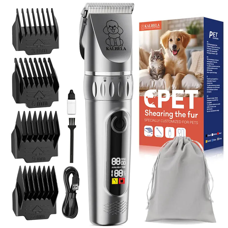 KALHELA Rechargeable Cordless Dog & Cat Grooming Clippers Kit - Low-Noise 2-Speed Electric Groomer Tools with LED Display, Trimmer, Shaver, ABS Body, Easy Clean, Removable Batteries (Yes to Rechargeability)