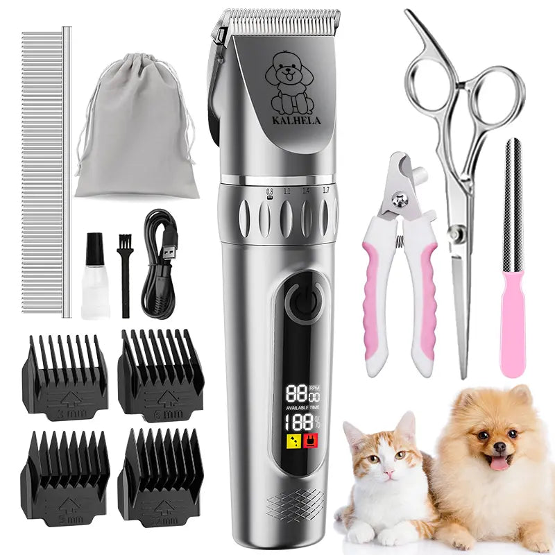 KALHELA Rechargeable Cordless Dog & Cat Grooming Clippers Kit - Low-Noise 2-Speed Electric Groomer Tools with LED Display, Trimmer, Shaver, ABS Body, Easy Clean, Removable Batteries (Yes to Rechargeability)